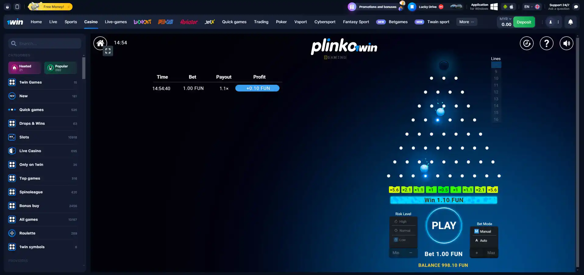 1win Plinko game demo in Malaysia