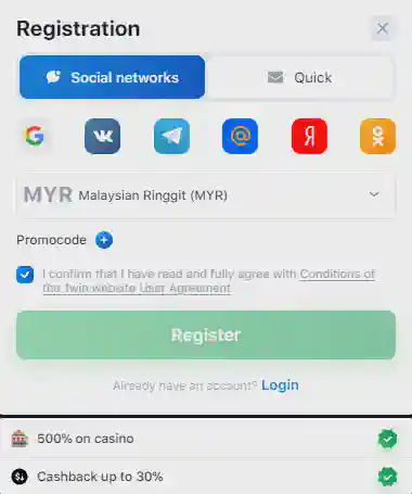 1win registration via social media